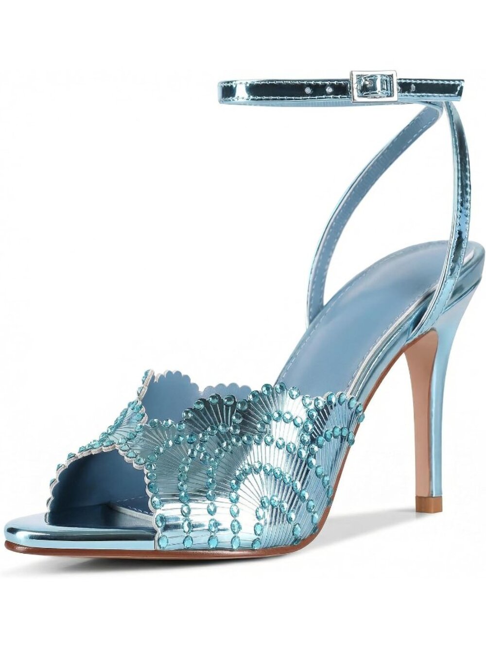 Women's Blue Rhinestone High Heel Sandals Round Open Toe Sparkly High Heels